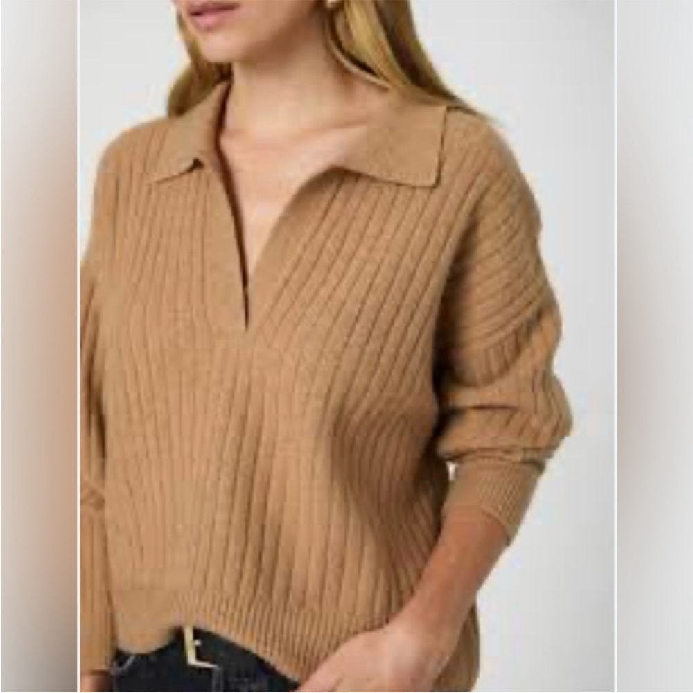 French Connection Camel Ribbed V-Neck Sweater